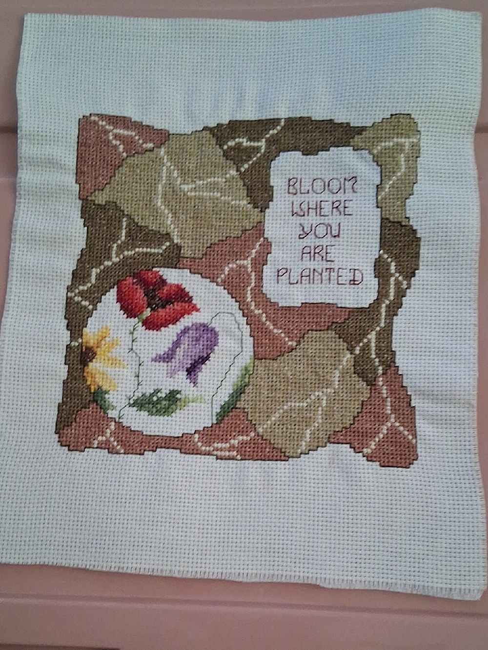 Handcrafted Floral Cross-Stitch Wall Art - Bloom Where You Are Planted